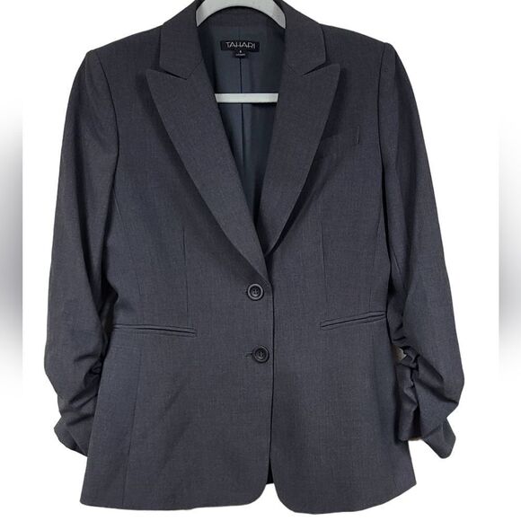 NEW TAHARI Ruched Single-Breasted Blazer Notch Collar 2-Button Gray Suit Jacket - Picture 1 of 9